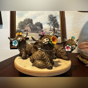 FULL SET Highland Cow Resin Figures With Blue Flower Sunflower Pink Flower